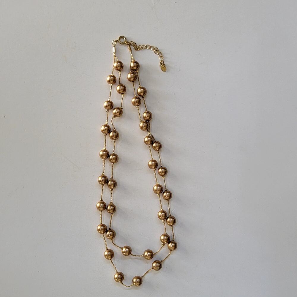 Vintage Gold Tone Double Strand Necklace with Round Beads and Adjustable Clasp